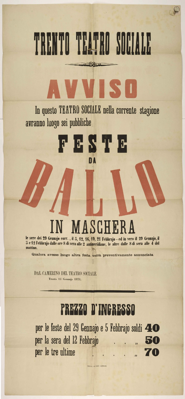 Plakat, das ein altes Festival in Maschera, Italien ankündigt, mit Text, der das Ereignis beschreibt.