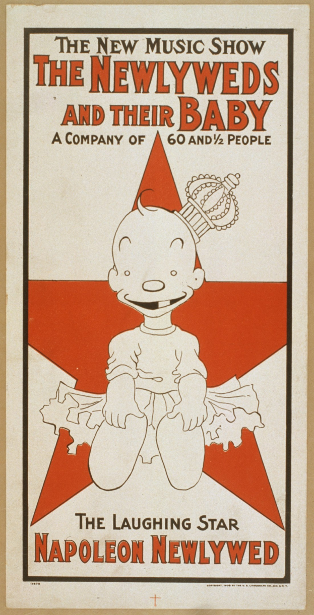 Plakat für "The New Music Show: The Newlyweds and Their Baby" mit einer Cartoon-Baby in einem weißen Onesie mit einer pinken Schleife, das gegen einen hellblauen Hintergrund mit verstreuten Sternen lächelt.