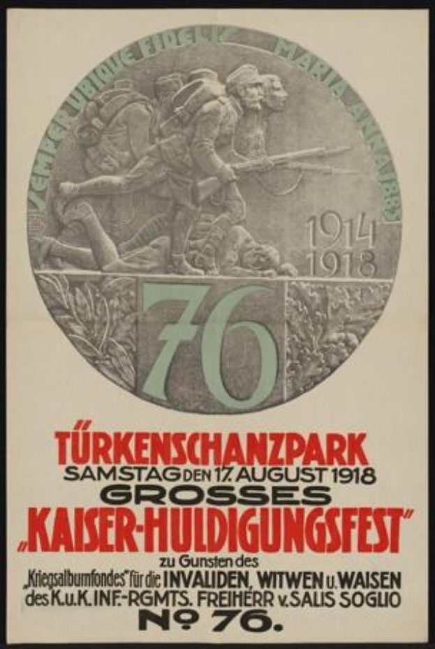 Plakat zum 70-jährigen Jubiläum des Kaiser-Huldigungsfestes in Berlin, Deutschland, mit einer Gruppe von Menschen in der Mitte, umgeben von Text und Zahlen.