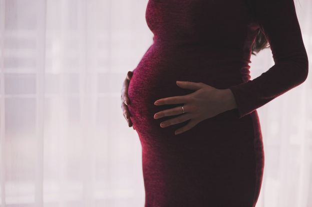 Eine schwangere Frau in einem roten Kleid steht vor einem Fenster, Hände auf dem Bauch, mit einem leicht unscharfen Hintergrund.