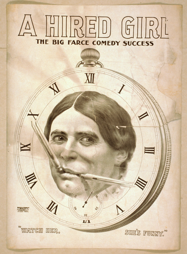 Plakat für "Eine angestellte Frau: Die große Farce-Komödie" mit einer Person mit entschlossener Miene und einer Uhr im Hintergrund.