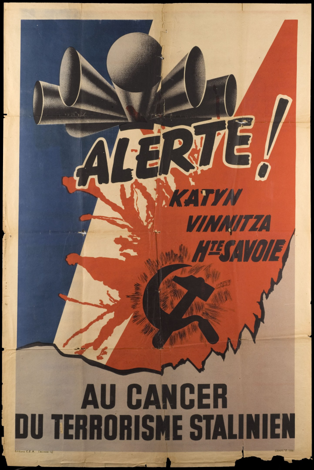 Plakat mit dunklem Hintergrund betitelt "Warnung vor dem Krebs des Terrorismus Stalinien" auf Französisch.