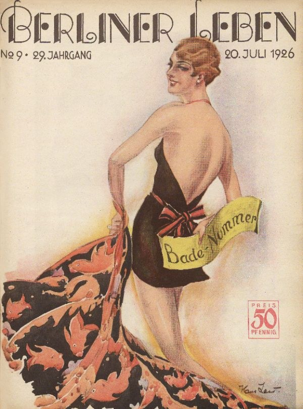 Titelbild der Berliner Leben Zeitschrift aus Juni 1926 mit einer Frau in einem Badeanzug, die ein Tuch hält, und dem Zeitschriften-Titel darüber.