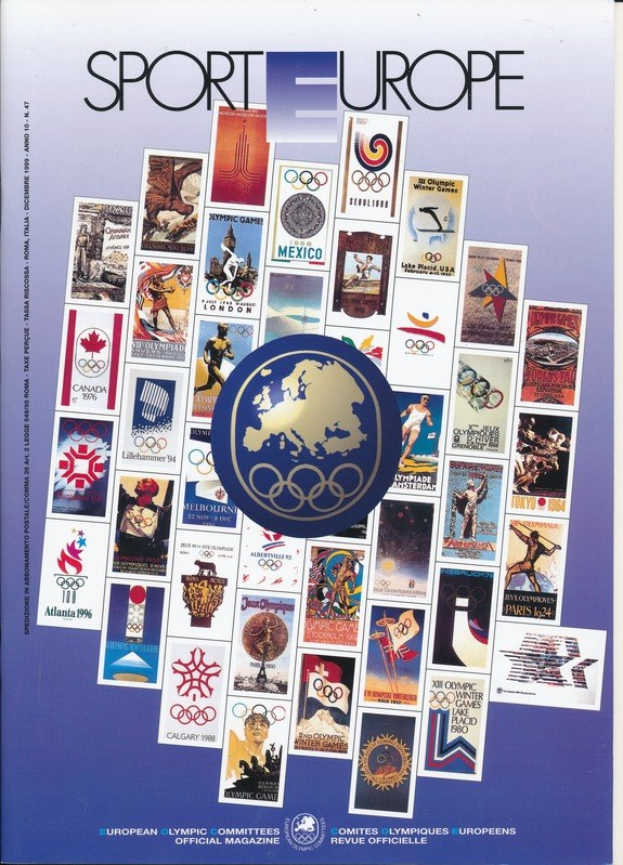 Buchumschlag mit dem Titel "Sport in Europa" in leuchtenden Farben und detaillierten Designs, der Olympische Symbole und verwandte Bilder aus europäischen Spielen zeigt.