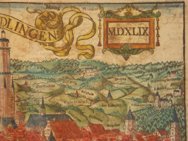 Alte detaillierte Karte von Dlingen, Deutschland, zeigt Gebäude, Bäume und Text auf altem Papier mit umliegenden Städten und Landschaft.