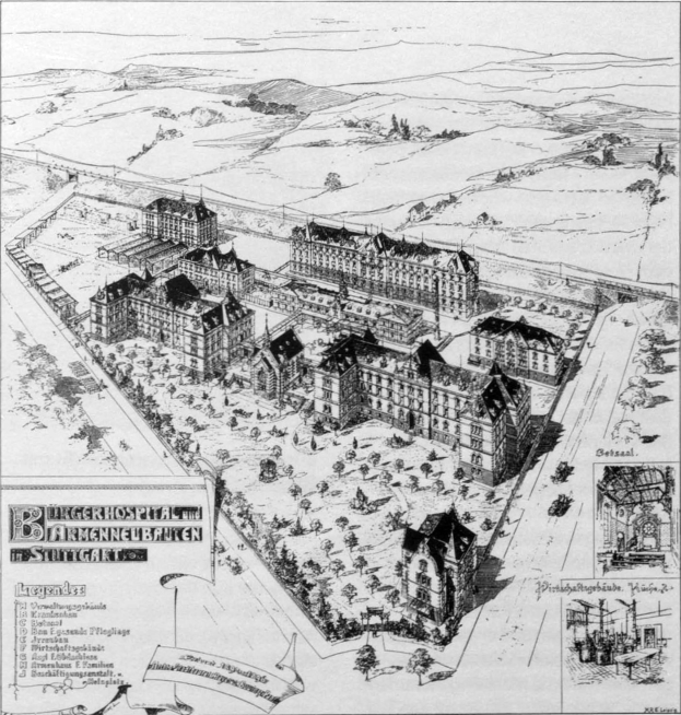Alte Schwarz-Weiß-Karte einer Stadt mit zahlreichen Gebäuden, Bäumen und Text, die einen klassischen und zeitlosen Stil vermittelt.