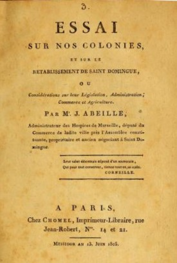 Deckblatt eines alten Buches mit dem Titel "Essai sur nos Colonies, et sur l'établissement de Saint-Domingue", das wahrscheinlich die französische Kolonialgeschichte und Saint-Domingue behandelt.