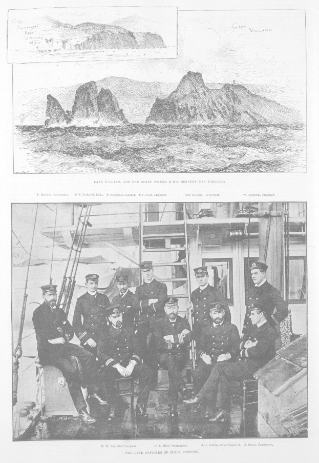 Gruppe von Männern mit Mützen auf einem Boot sitzend mit scenischen Berg-, Wasser- und Himmelbildern oben und Text unten.