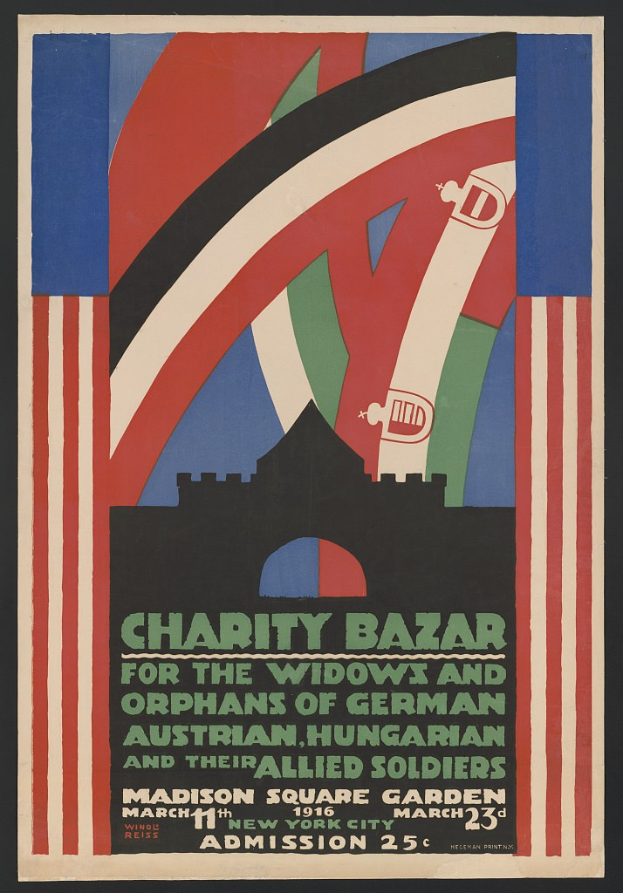 Charity-Basar-Plakat für Witwen und Waisen deutscher, australischer, ungarischer und alliierter Soldaten mit Veranstaltungdetails im Text.