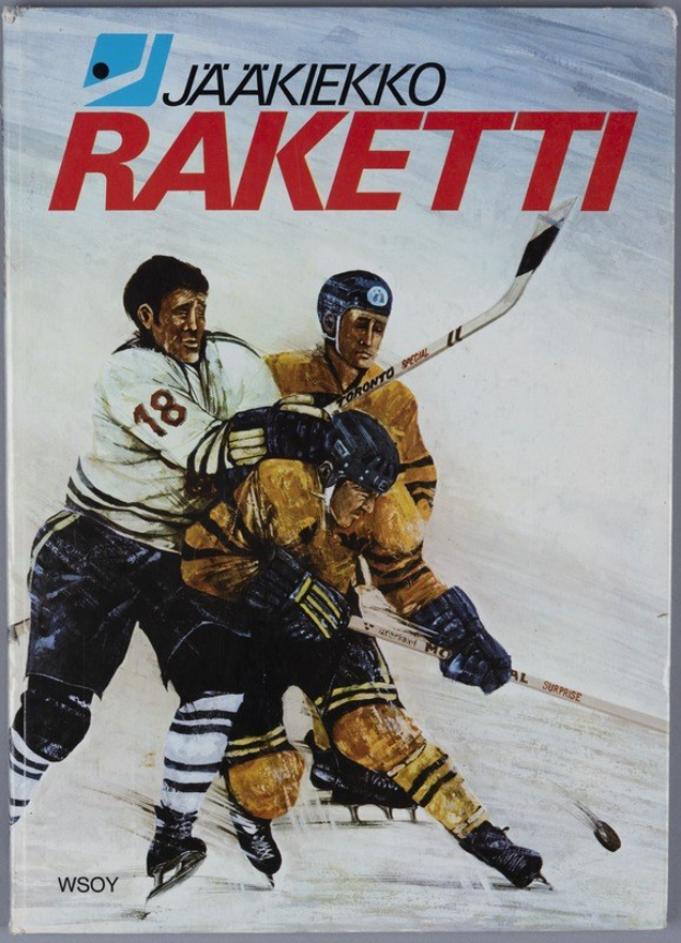 Buchumschlag mit dem Titel "Jääkiekko Raketti", der drei Eishockeyspieler zeigt, die jeweils einen Hockey-Schläger halten.