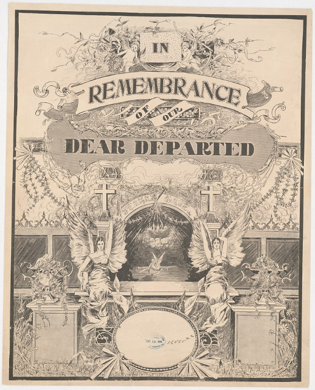 Ein verblichenes altes Buch mit zwei Engeln auf dem Cover, das auf einer weißen Oberfläche liegt und 'In Erinnerung an unsere lieben Verstorbenen' betitelt ist, vor einem gedämpften grauen Hintergrund.