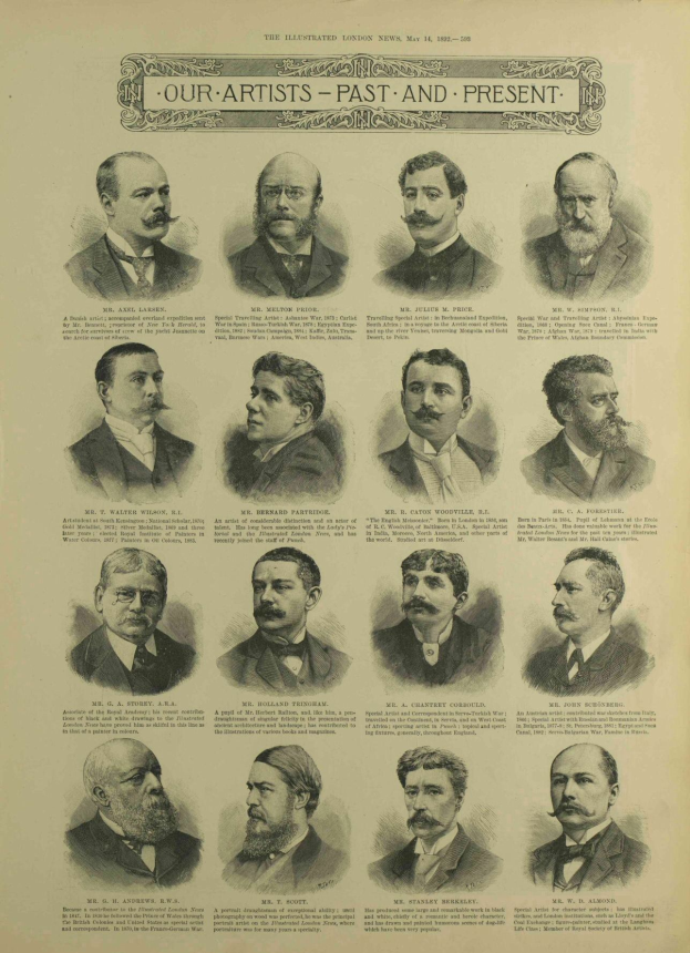 Ein altes Buch mit dem Titel "Our Artists - Past and Present", das illustrierte Porträts von verschiedenen Männern mit unterschiedlichen Gesichtsausdrücken und Hairstyles zeigt.