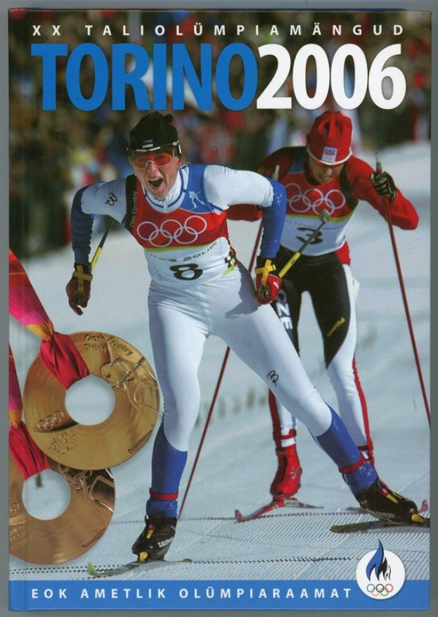 Plakat für die Olympischen Winterspiele 2006 in Turin, Italien, das zwei Skifahrer auf Schnee mit "Torino 2006" über ihnen zeigt.