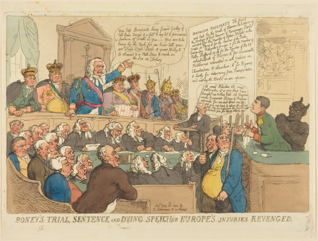Cartoon-Illustration einer Gerichtsszene mit dem Titel "Boney's Trial, Sentence, and Dying Speech Europe's Injuries Revenged" mit einer zentralen stehenden Figur, sitzenden Beobachtern und einem Tisch mit Gegenständen auf der rechten Seite.