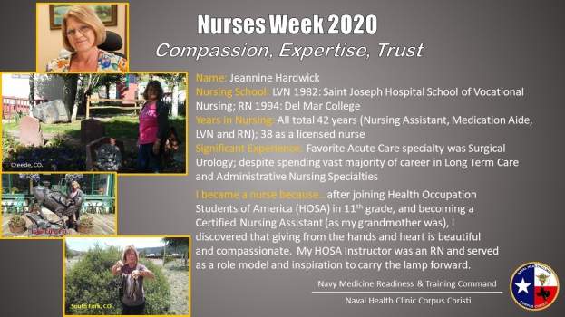 Plakat zur Nurses Week 2020 mit dem Motto "Mitgefühl, Expertise, Vertrauen", das mehrere Bilder von Schwestern in verschiedenen Ausdrücken, fetten Text und ein beruhigendes Blau- und Weiß-Schema zeigt.