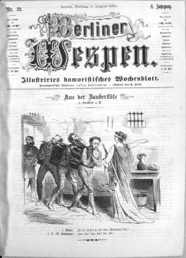 Schwarze und weiße Zeitung mit der Überschrift "Berliner Wespen, August 6, 1875", die eine Gruppe von Menschen in Not zeigt, einige schauen ängstlich nach oben und andere verwirrt nach unten.
