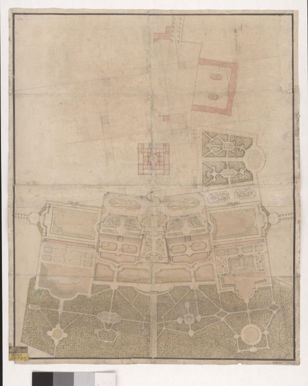 Ein detaillierter Stadtplan mit zahlreichen Gebäuden, darunter ein markantes zentrales Gebäude und begleitendem Text.