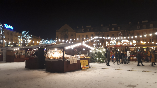 Weihnachtsmarkt bei Nacht mit Menschen, beleuchteten Ständen, Pflanzen, Bäumen, Gebäuden und Schildern in einer verschneiten Umgebung.