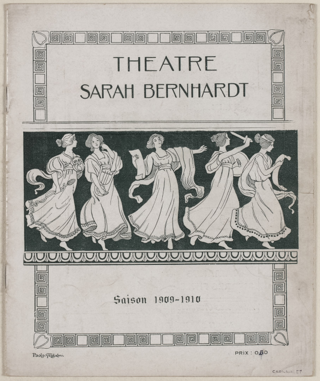 Plakat für das Theater Sarah Bernhardt von 1909-1910, das eine Gruppe von Frauen in der Mitte zeigt, umgeben von Texten über das Theater und seine Schauspieler.
