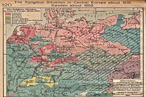 Eine historische Karte von Mitteleuropa aus dem Jahr 1618, die die religiöse Landschaft der Region mit detaillierten Textanmerkungen zeigt.
