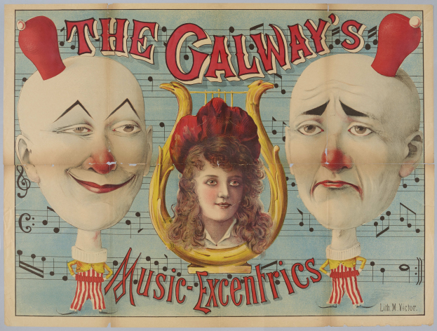 Ein Plakat für die Galway Music Excentrics mit einer Frau in der Mitte und zwei Clowns daneben, mit Texten über die Zirkusvorstellung und ihre Künstler.