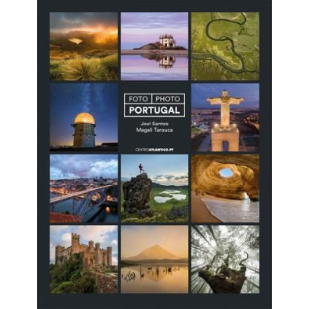 Collage-Plakat von Portugal mit Sehenswürdigkeiten, Natur und Text über Attraktionen.