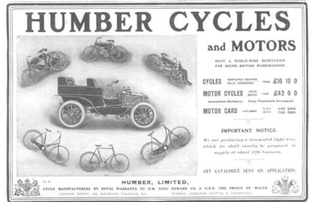 Anzeige für Humber Cycles and Motors mit verschiedenen Fahrzeugen und Fahrrädern mit beschreibendem Text.