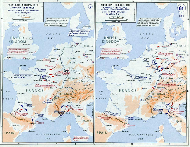 Eine historische Posterkarte von Europa während der Schlacht von Leipzig, unterteilt in Abschnitte für Europa und Frankreich, mit nummerierten Regionen und beschrifteten geografischen Merkmalen.