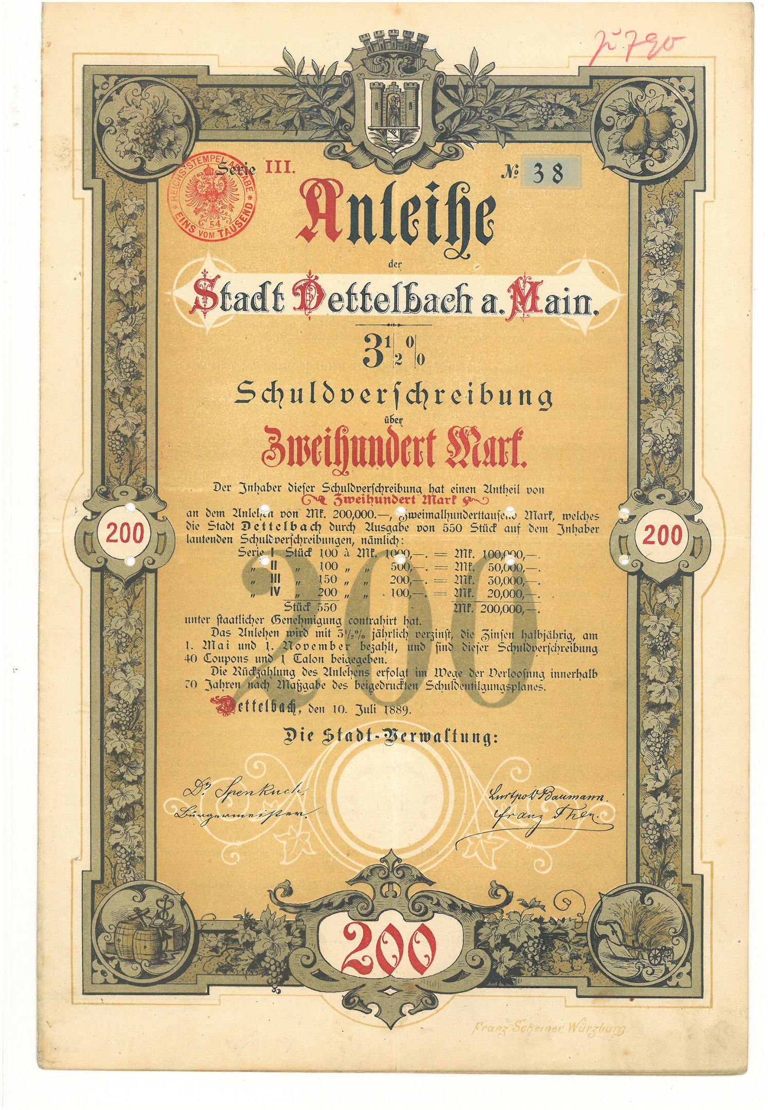 Altes deutsches Wertpapier mit einem Männerporträt, mit gedrucktem Text und numerischen Werten, die die Wertpapierdetails angeben.