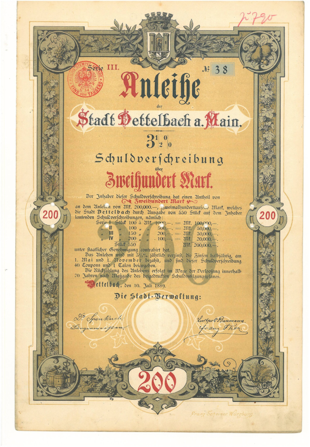 Altes deutsches Wertpapier mit einem Männerporträt, mit gedrucktem Text und numerischen Werten, die die Wertpapierdetails angeben.