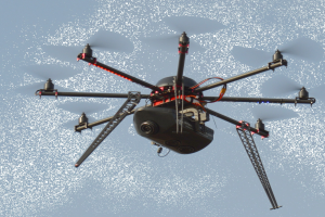 Eine schwarze Drohne mit Kamera fliegt durch die Luft vor einem weißen Hintergrund.