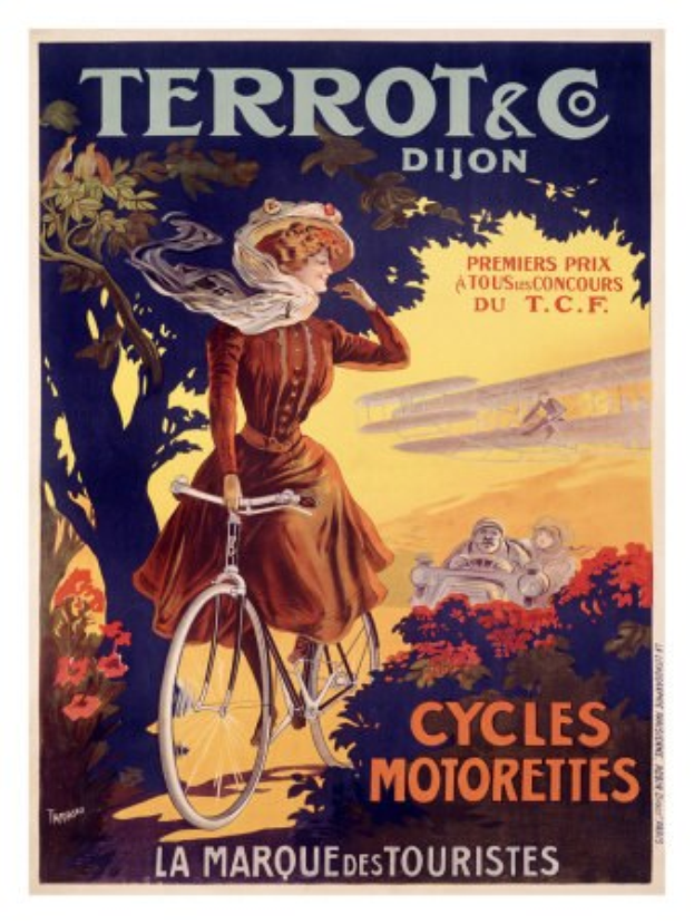 Ein Plakat für eine Fahrradtour in Frankreich, das eine Frau auf einem Fahrrad zwischen Bäumen, Blumen und anderen Menschen zeigt, mit Text, der die Tour beschreibt.
