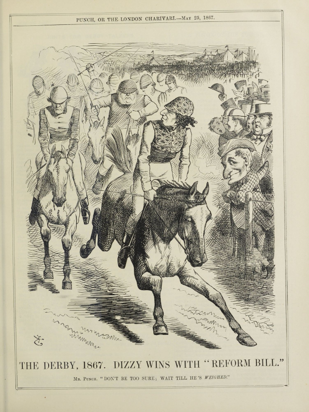 Buchumschlag mit einer gescheckten Stute mit einer weißen Blesse, schwarzer Mähne und Schweif sowie einem Jockey in einem blauen und weißen gestreiften Hemd mit roter Mütze; Text lautet "The Derby, 1867, Dizzy Wins with Reform Bill".