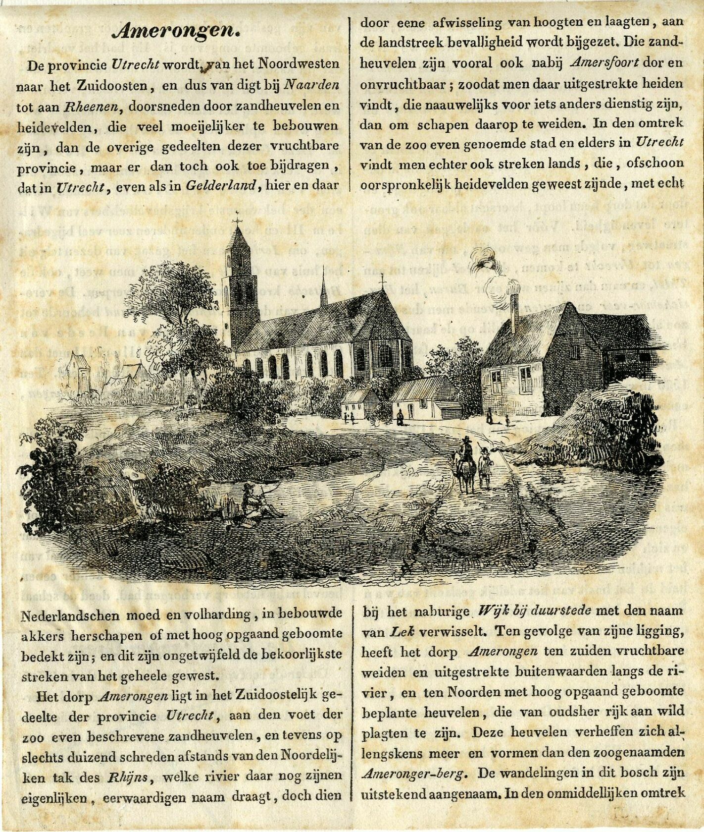 Ein altes Buch mit einer Zeichnung eines Dorfes auf dem Cover, einschließlich Häuser, Bäume und Menschen, sowie lesbarer Text auf der Seite.