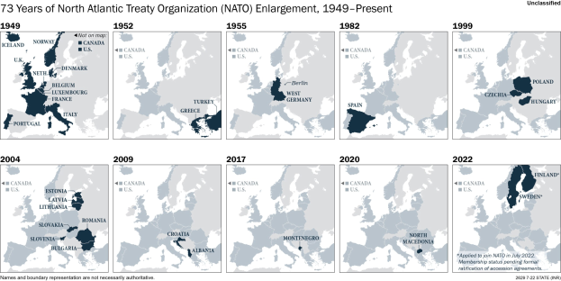 Karte der NATO-Osterweiterung von 1949 bis heute, mit jährlichen Erweiterungen in verschiedenen Regionen und einem beschreibenden Titel oben.