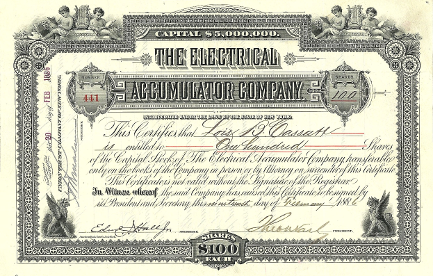 Ein Aktienzertifikat einer elektrischen Akkumulatorenfirma mit detaillierten Designs, das den Text "The Electrical Accumulator Company" und verschiedene Zahlen enthält.
