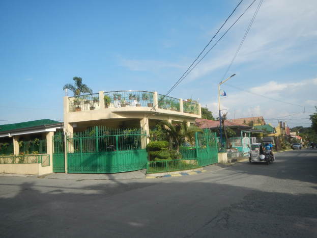 Eine Straße mit fahrenden Fahrzeugen, ein grünes Gebäude mit einem passenden Zaun, Geländern, Pflanzen, Bäumen, Strommasten mit Drähten und Lampen und eine Fahne, vor einem bewölkten Himmel.