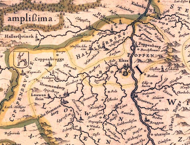 Alte Karte des Rheins in Deutschland mit Text und nummerierten Indikatoren für dessen Ausdehnung.