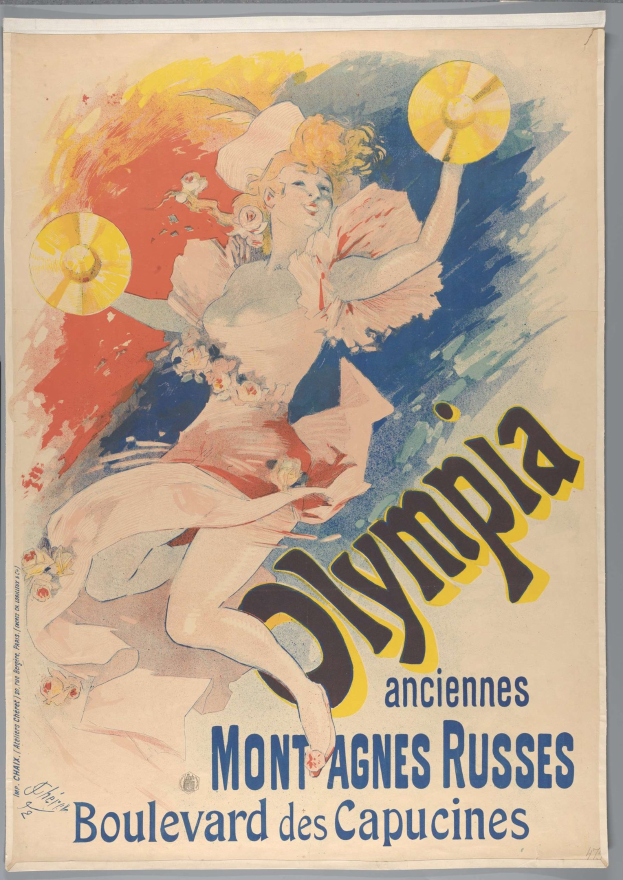 Plakat für die Olympischen Spiele in Mont-Agnes-Russes, Frankreich, mit einer Frau in buntem Kleid, die einen Fächer hält, und Text auf dem Plakat.